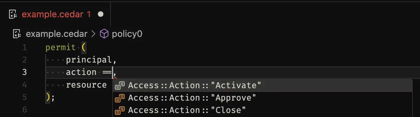 Screenshot of Cedar VS Code extension with autocomplete feature.